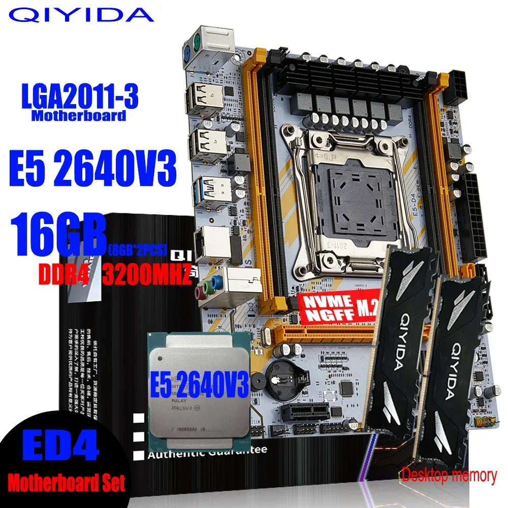 

QIYIDA X99 Motherboard Set ED4 LGA 2011-3 Kit With Intel Xeon E5 2640 V3 CPU 16GB(2*8G) 3200Mhz Desktop memory DDR4 M-ATX M.2