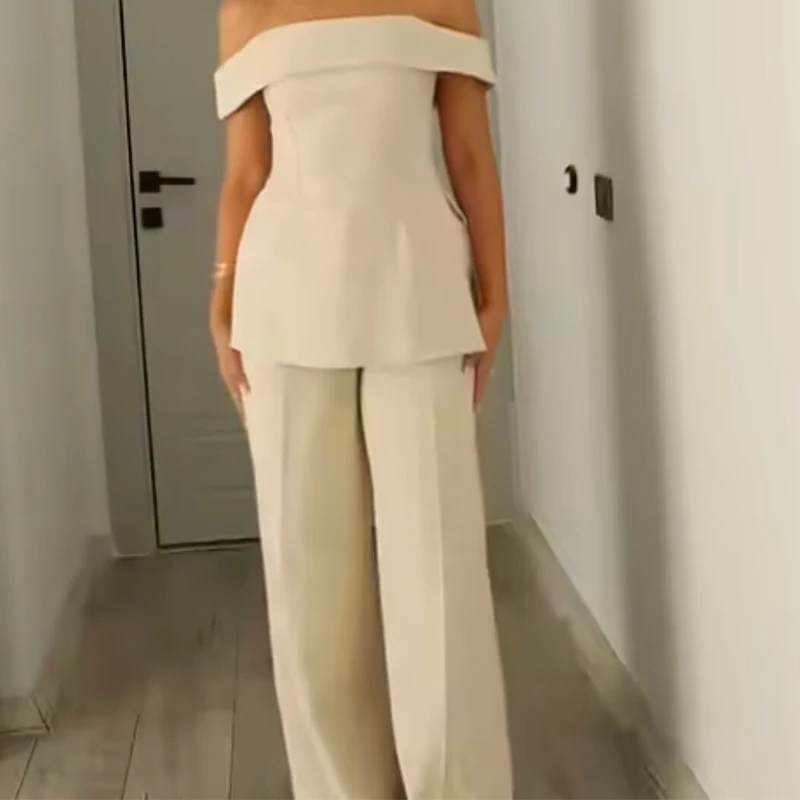 YENKYE New Women Side Slit Sexy Off Shoulder Tops Short Sleeve Beige High Street Female Blouse
