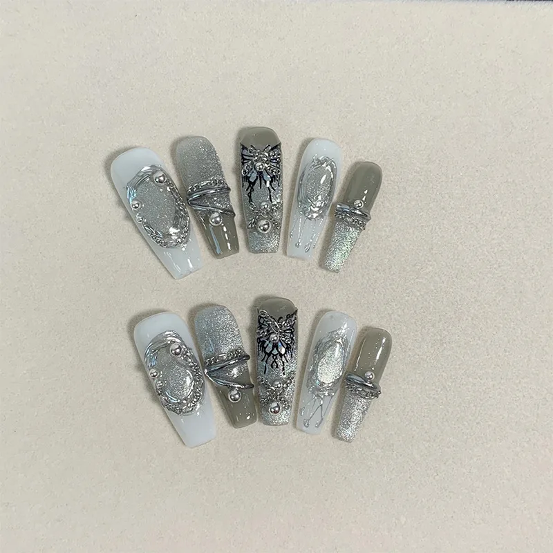

10PCS Butterfly Press on Nails Medium Coffin Metallic Fantasy Design Fall Winter Brightening False Nails Handmade ارتداء الدروع