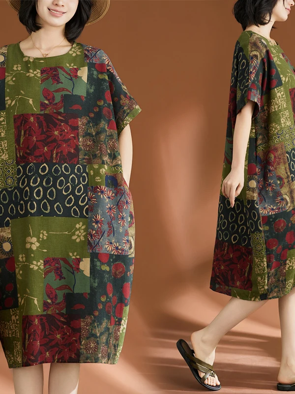 

Повседневное хлопково-льняное платье больших размеров с коротким рукавом для полных женщин, в стиле ретро, художественное, белое, с простым принтом, миди, подчеркивающее фигуру