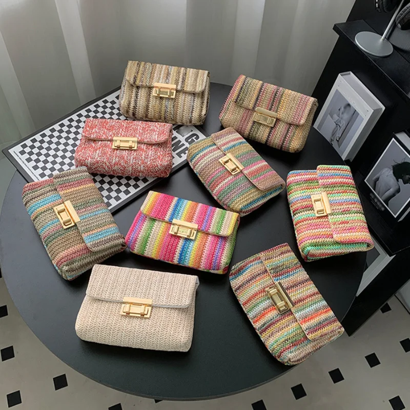 Women Summer Beach Rainbow Stripe Woven Straw Crossbody Shoulder Bag Front Flap Turn-Lock Chain Boho Vacation Small Size Purse