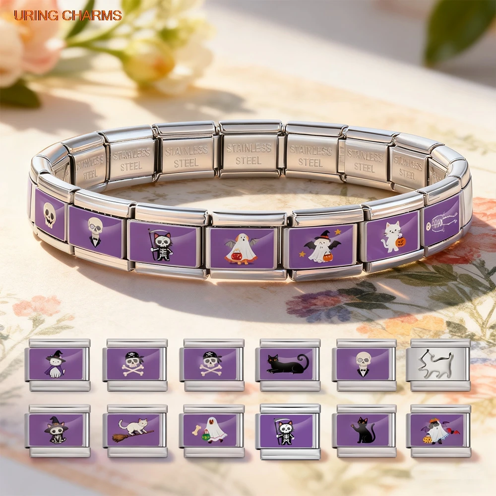 Y2K Trendy Original Design Charm Bracelet Halloween Skull Pumpkin Dog Cat Ghost Italian Link Fit 9mm Stainless Steel Jewelry DIY