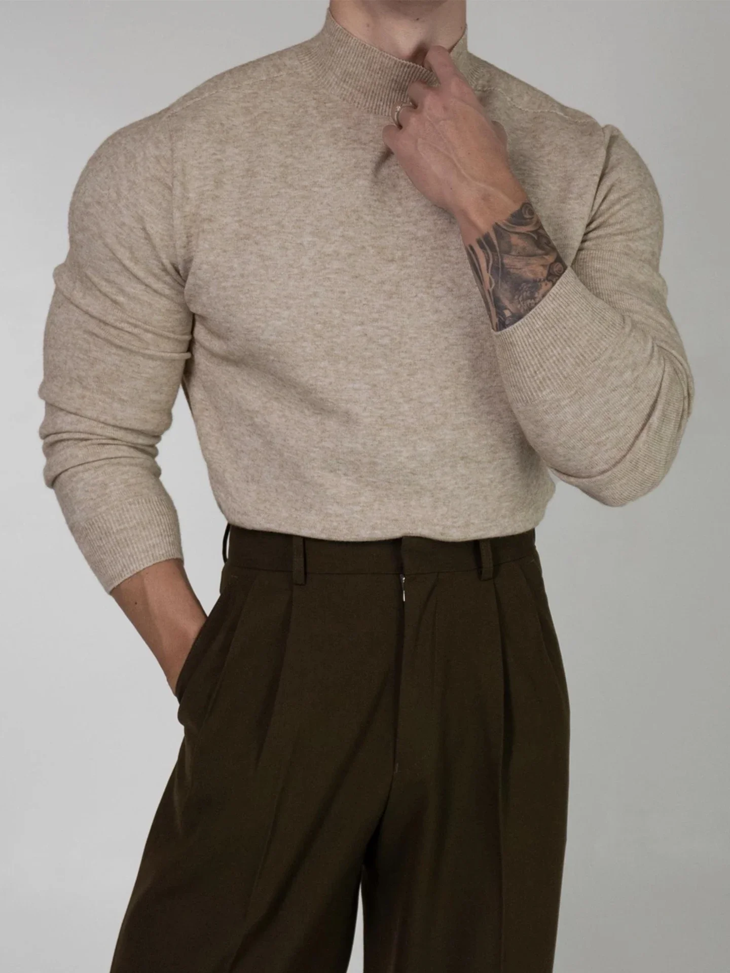 

American Style High Neck Long Sleeve Knitted Sweater Muscle Men Autumn Winter Base Layer Shirt Casual Cotton Blend