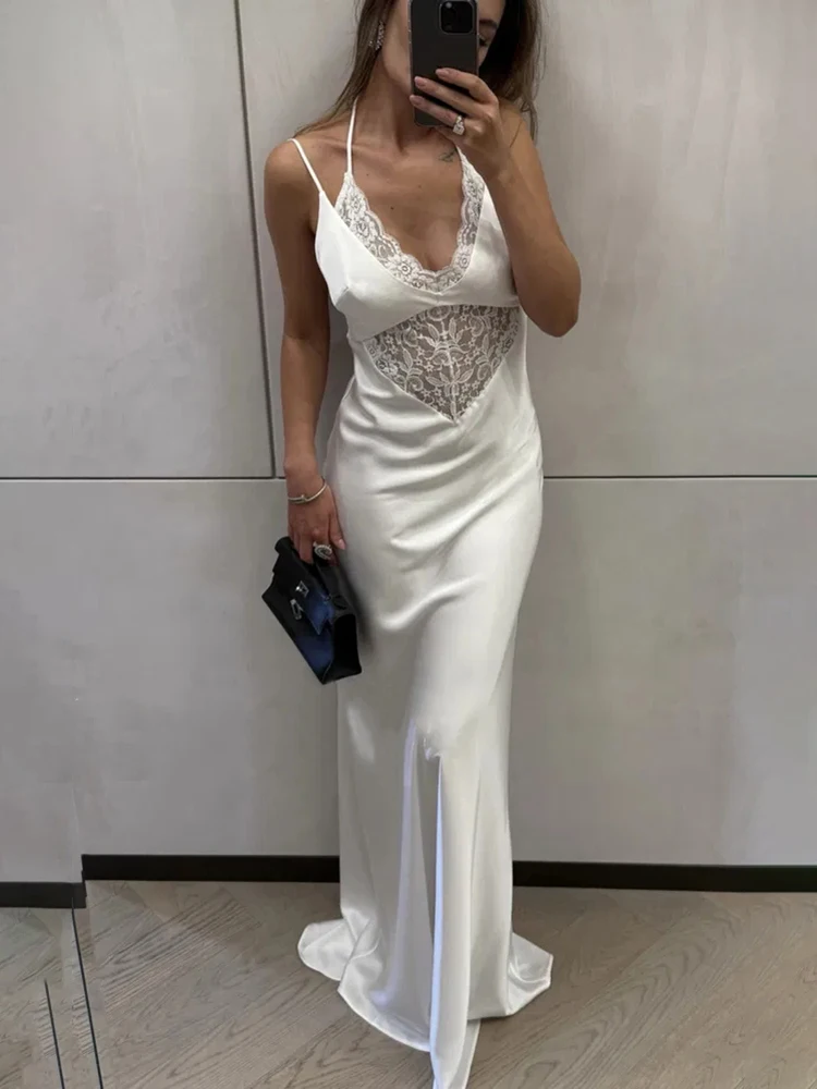 

Talenza Women's Lace Long Dress Elegant White V-neck Lace-up Long Dress Luxurious High-waisted Female Party Evening Dresses Robe
