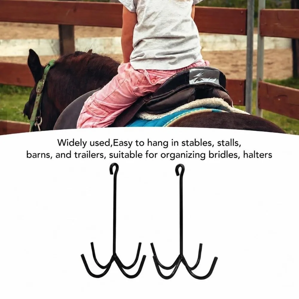 2pcs Sturdy Iron 4 Prong Tack Hooks Durable Black Horse Tack Hanger Wall Mounted Easy Installation Bridle Hooks Horse Equipment