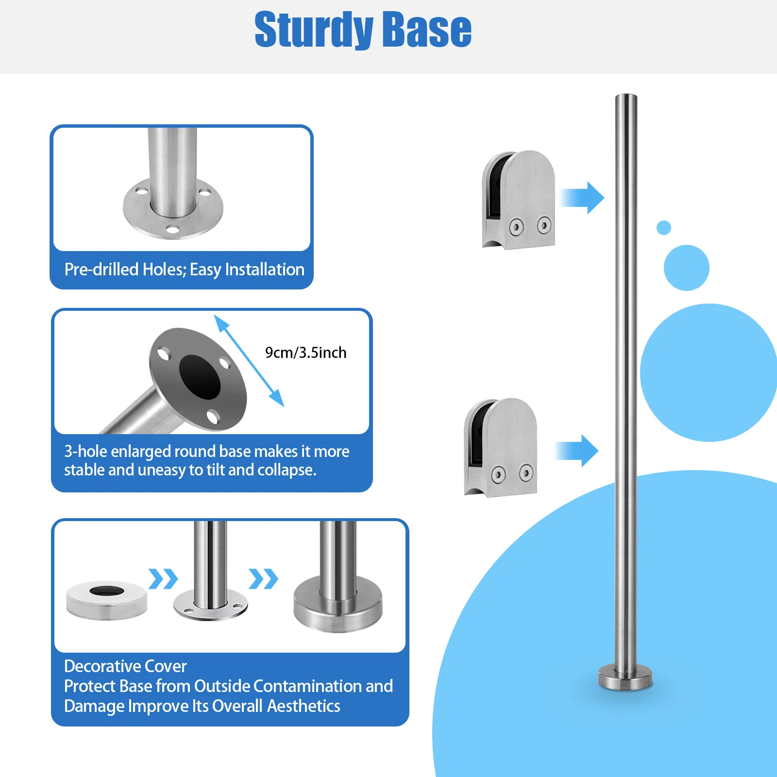 316 สแตนเลสสตีลราวบันได Handrail TOP ที่นั่ง,แก้ว CLAMP และยาง, เสาบันไดระเบียงสวนราว 110 ซม.End โพสต์