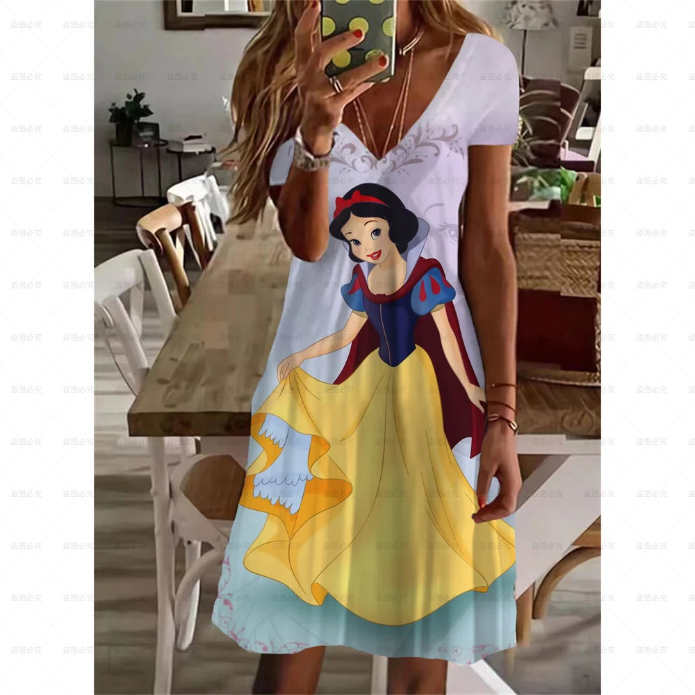 

Disney Princess Prints V Neck Dress Summer 2024 Graduation Party Dresses 2024 Year Fashion Elegant Casual Women's Dresses