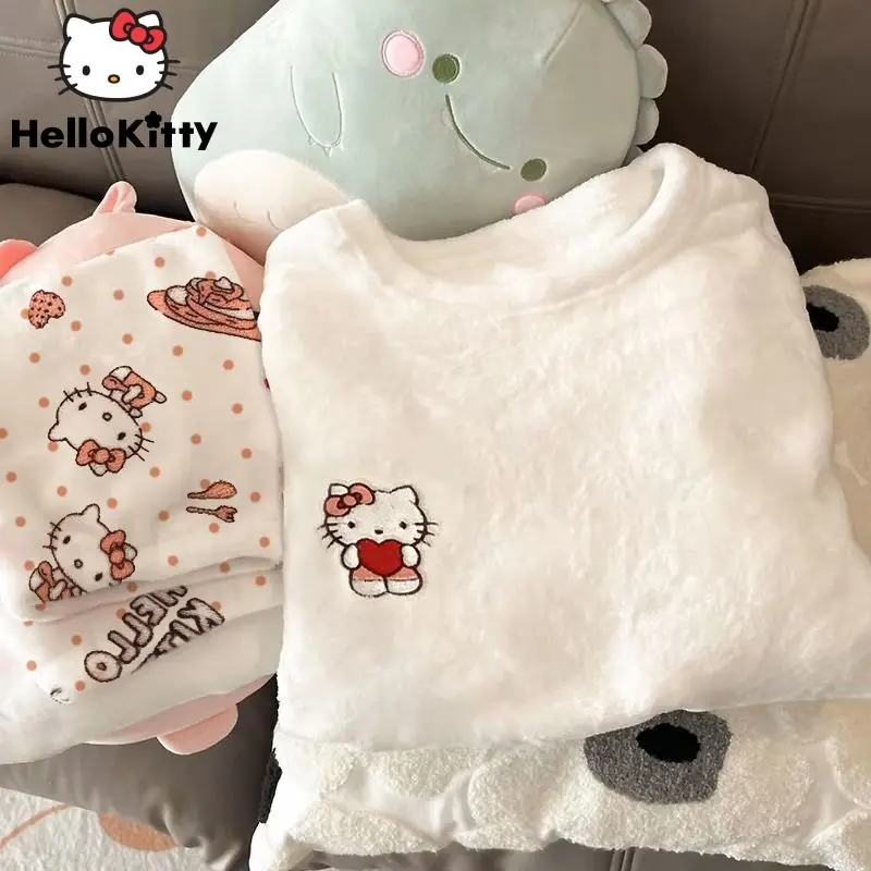 Sanrio Hello Kitty Kawaii Plush Pajamas Suit Women Coral Fleece Pullover Tops Pants 2 Piece Set Y2k Clothes Girl Soft Sleepwear