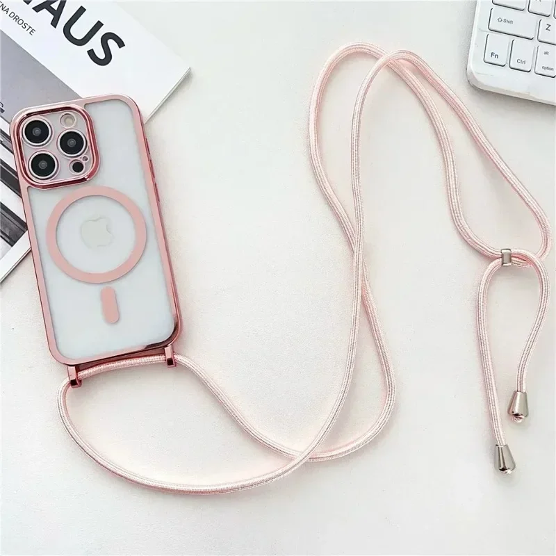 Crossboby Lanyard Telefoon Case Voor iPhone 16 15 14 13 12 Pro Max 11 Voor Magsafe Magnetische Ketting koord Strap Plating Clear Cover