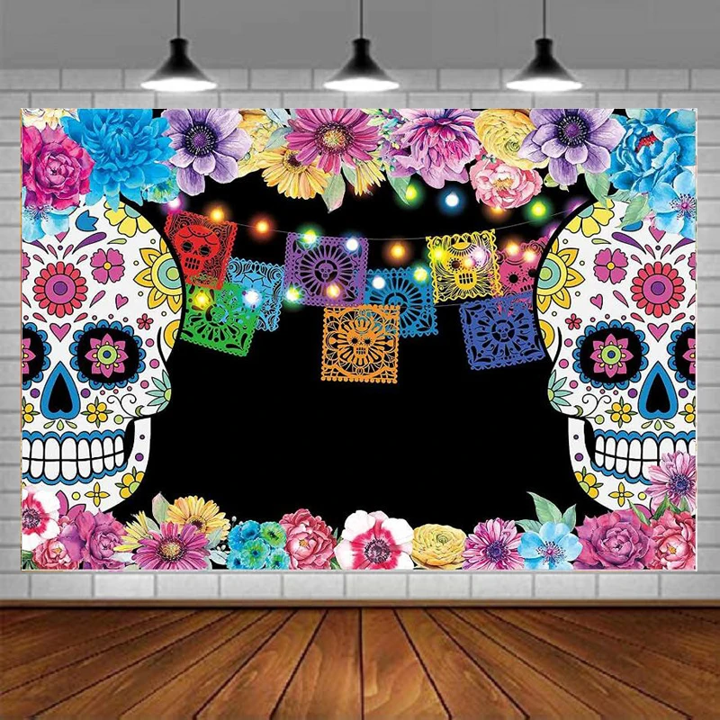 Day Of The Dead Photography Backdrop Mexican Sugar Skull Fiesta Flowers Background Dia DE Los Muertos Floral Dress Up Party