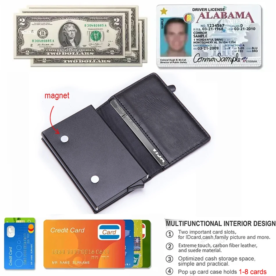 محفظة صغيرة منبثقة حامل بطاقة حافظة مغناطيسية RFID حجب حامل بطاقة الائتمان الرجال محافظ مضادة للسرقة الألومنيوم معدن بولي Leather الجلود #6