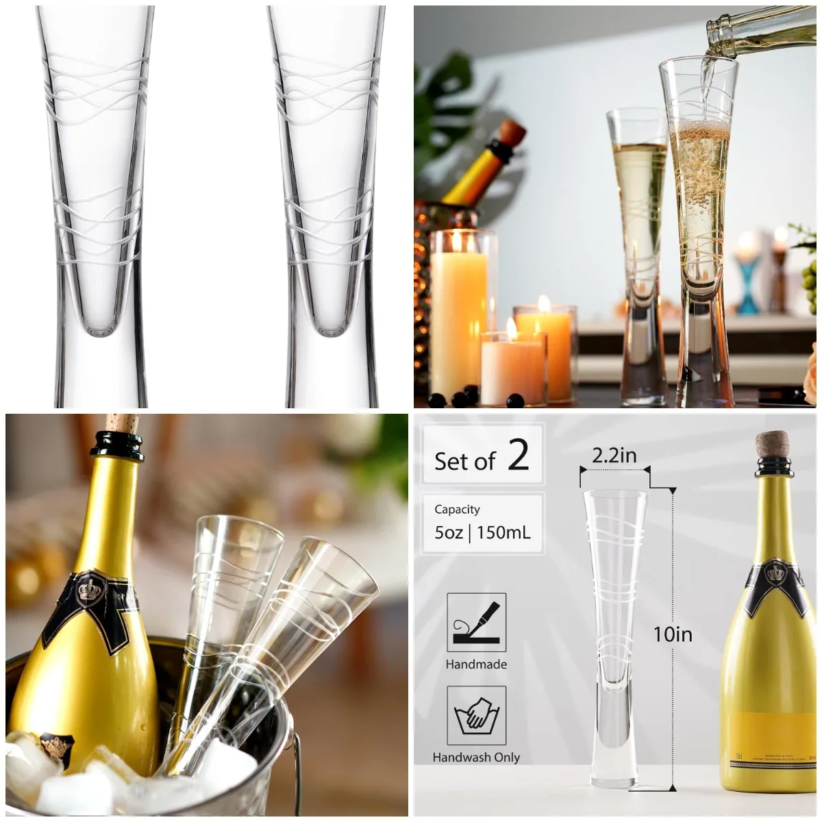

Champagne Flutes 5 oz, Hand-carved Patterns Prosecco Glasses, Set of 2 Clear Crystal Glasses for Wedding Anniversary