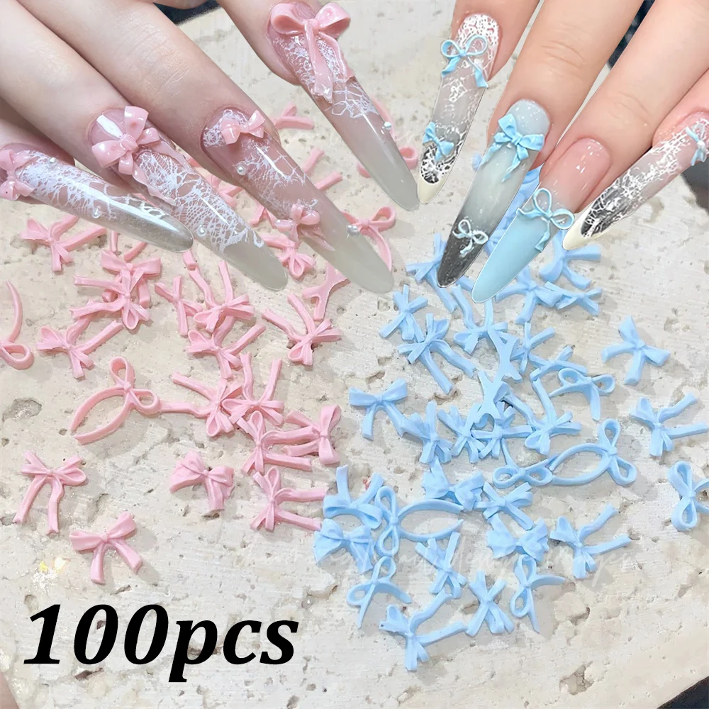 

100pcs Mini Bowknots Resin Nail Charms 3D Sweet Blue, Pink, White Mixed Ribbon Bow Nail Art Decorations for DIY Nail Accessories