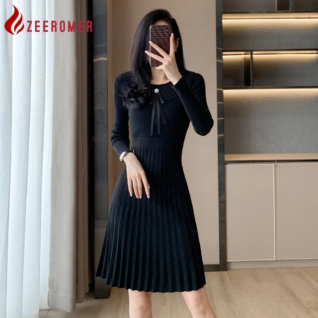 EROMER Robe plissee en tricot vintage pour femme col rond manches longues volants pull slim robe