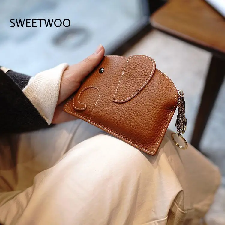 Women's Cute 3D-Elephant-Shaped Pu-Leather Keychain Coin Card Holder Purse