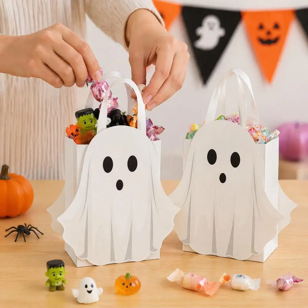 Trick or Treat Goodie Bags Foldable Trick or Treat Totes Halloween Ghost Cardboard Gift Bags with Handles Cute Candy for Trick
