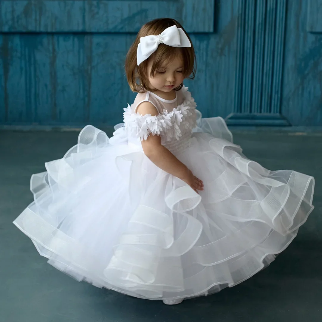

Lovely Flower Girl Dress For Wedding Sequined Tiered Puff Ruffles A-Line Off Shoulder Dresses Baby First Communion Birthday Gown