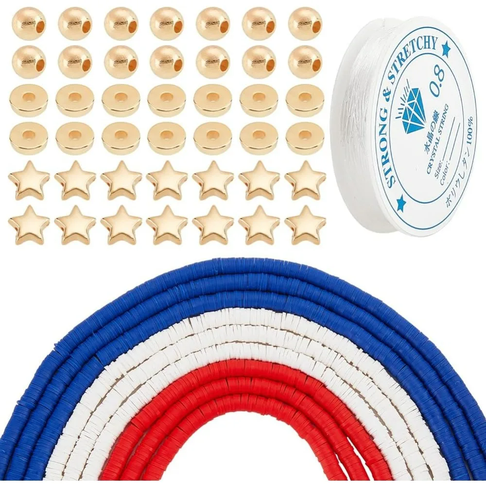 About 3510~3780 Pcs Independence Day Bracelet Making Kit Including Red White Blue Polymer Clay Disc Beads Golden Spacer