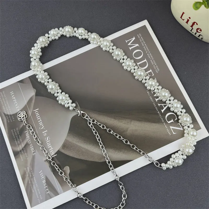 Elegant Hand-woven Plastic Pearls Waist Chain for Women Spring Summer Dress Shirt Belly Chain Girls Flower Pearls Cinturon Mujer