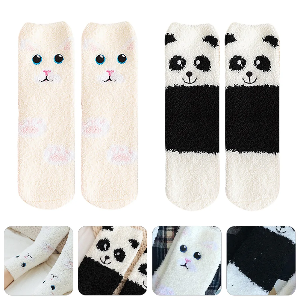

2Pairs Coral Fleece Socks Women's Warm Comfortable Breathable Sleep Floor Socks Cozy Cartoon Household Winter Stockings