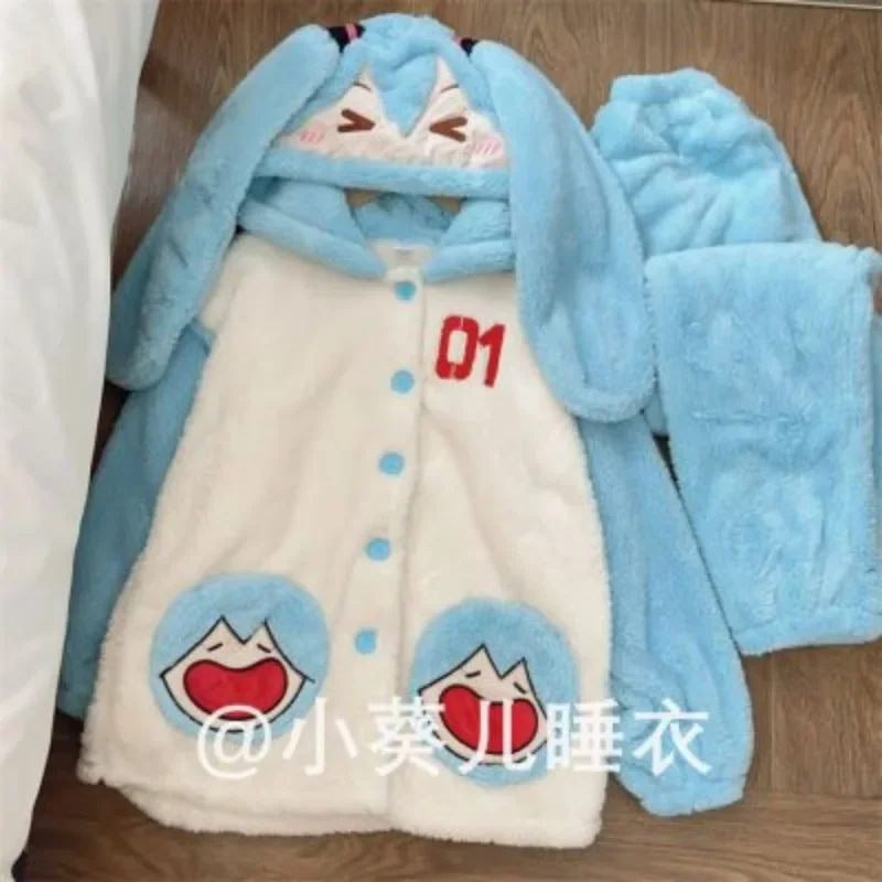 Hatsune Miku Coral Velvet Pajamas Cartoon Cartoon Cartoon Girl Winter Plush Thickened Warm Home Clothes Pajama Set Girl Gift