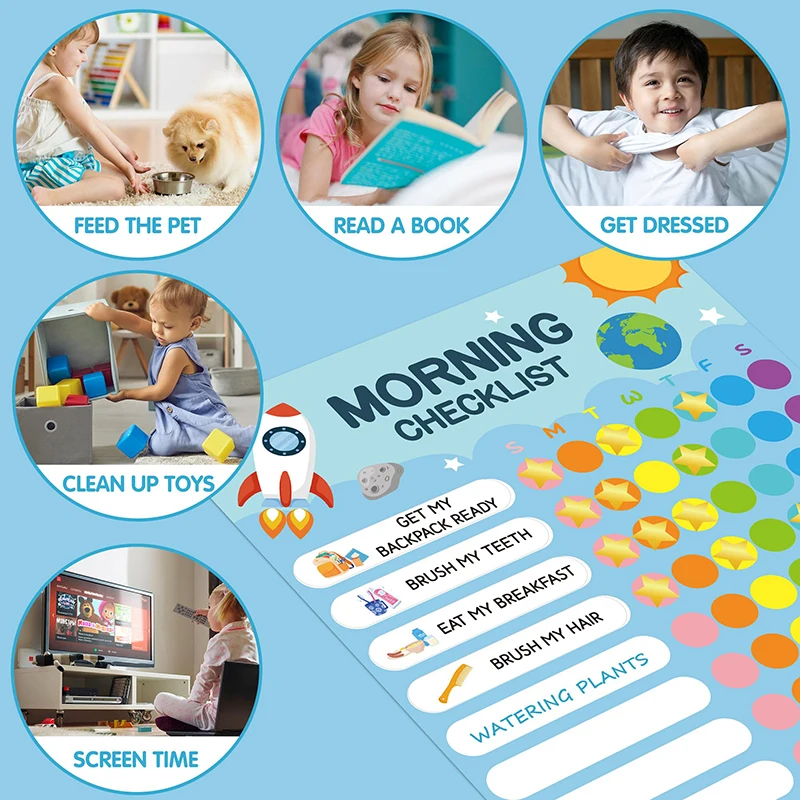 154pcs Outer Theme Morning Bedtime Routine Chart Decor Sign Daily Routine Checklist Schedule Board Magnetic Dry Erase Daily Chor