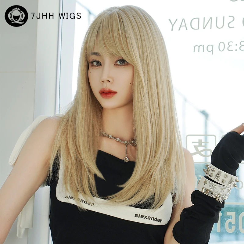 7JHH WIGS Synthetic Layered Straight Blonde Wig for Women Daily Natural Looking Heat Resistant Honey Brown Hair Wigs with Bangs