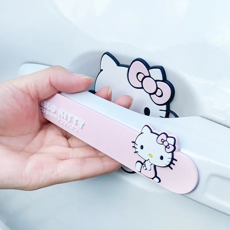 2 buah stiker pelindung pintu mobil Sanrio Hello Kittys Strip Bumper pintu mobil Kawaii Kt stiker pelindung pegangan mobil Anti-gores Film barang dekoratif
