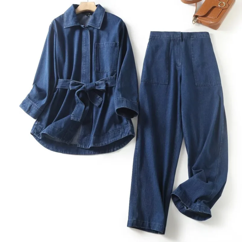 BJTZ 25 Trending Denim Co-Ord Set Damen Korsett Gürtel Top Weite Hose 2-teiliges Outfit 90er Retro Vintage Arbeitskleidung