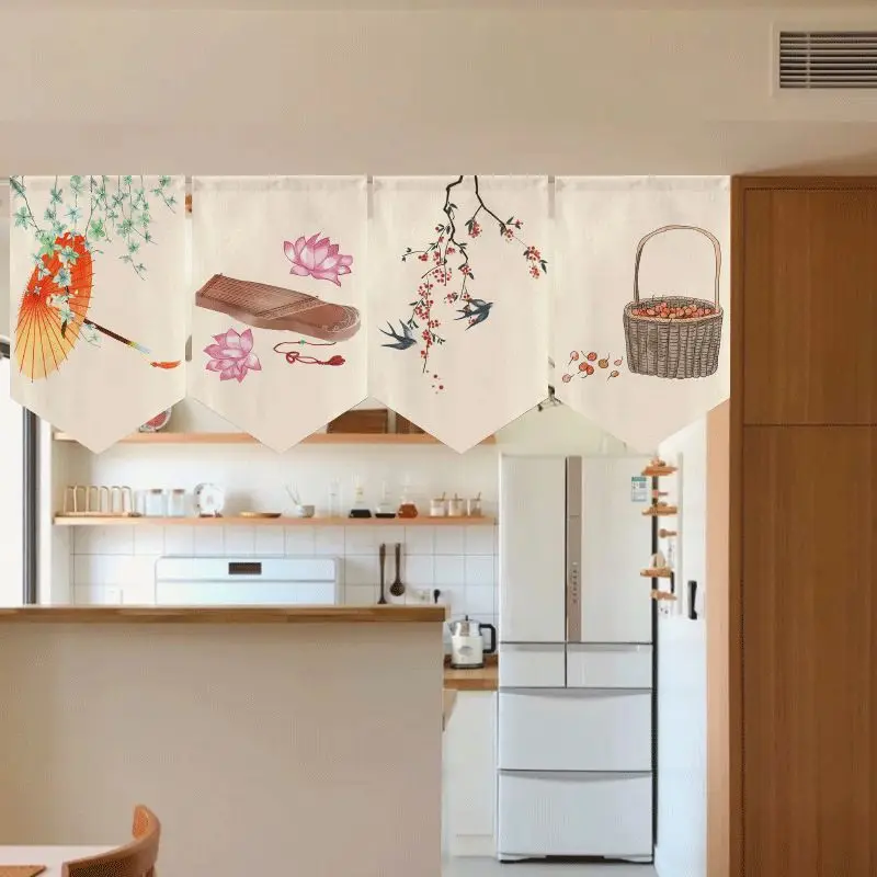 VIKAMA Chinese Style Floral Bridge Pennant Hanging Curtain Ink Art Noren Short Door Curtain Home Kitchen Window Decor Curtain