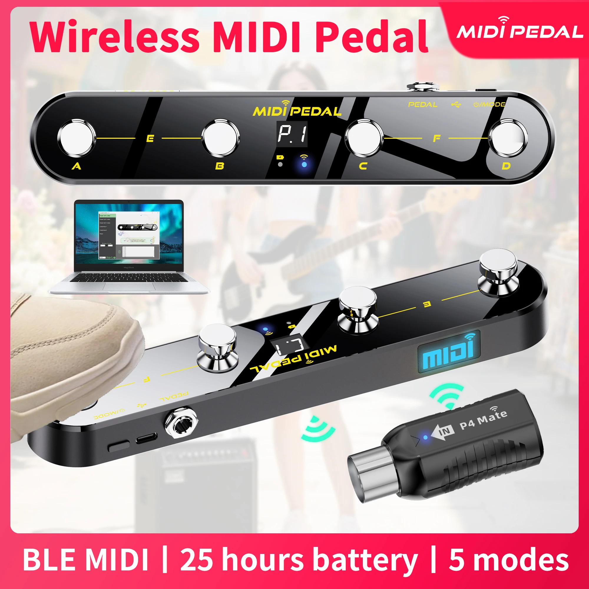 JAMJUM P4 MIDI Controller BT Rechargeable 4 Buttons MIDI Controller Pedal APP Control with Wireless Transmission System
