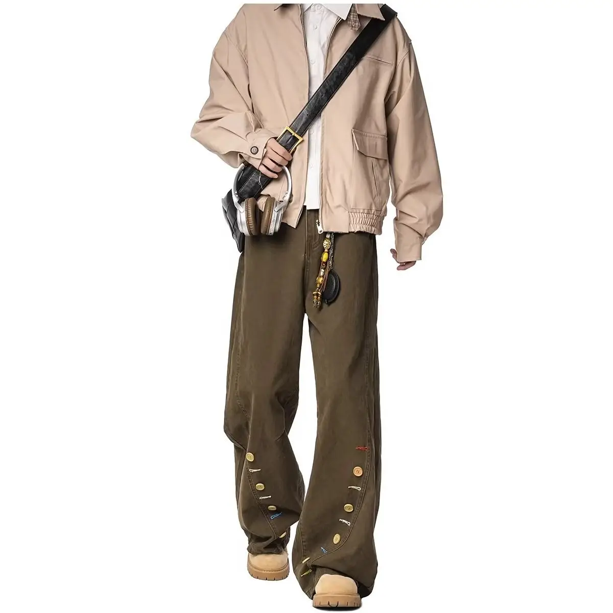 Men's Button Decoration Design Sweatpants Spring Street Bottom Young Boy Casual Pants Male High Waist Y2k Trousers
