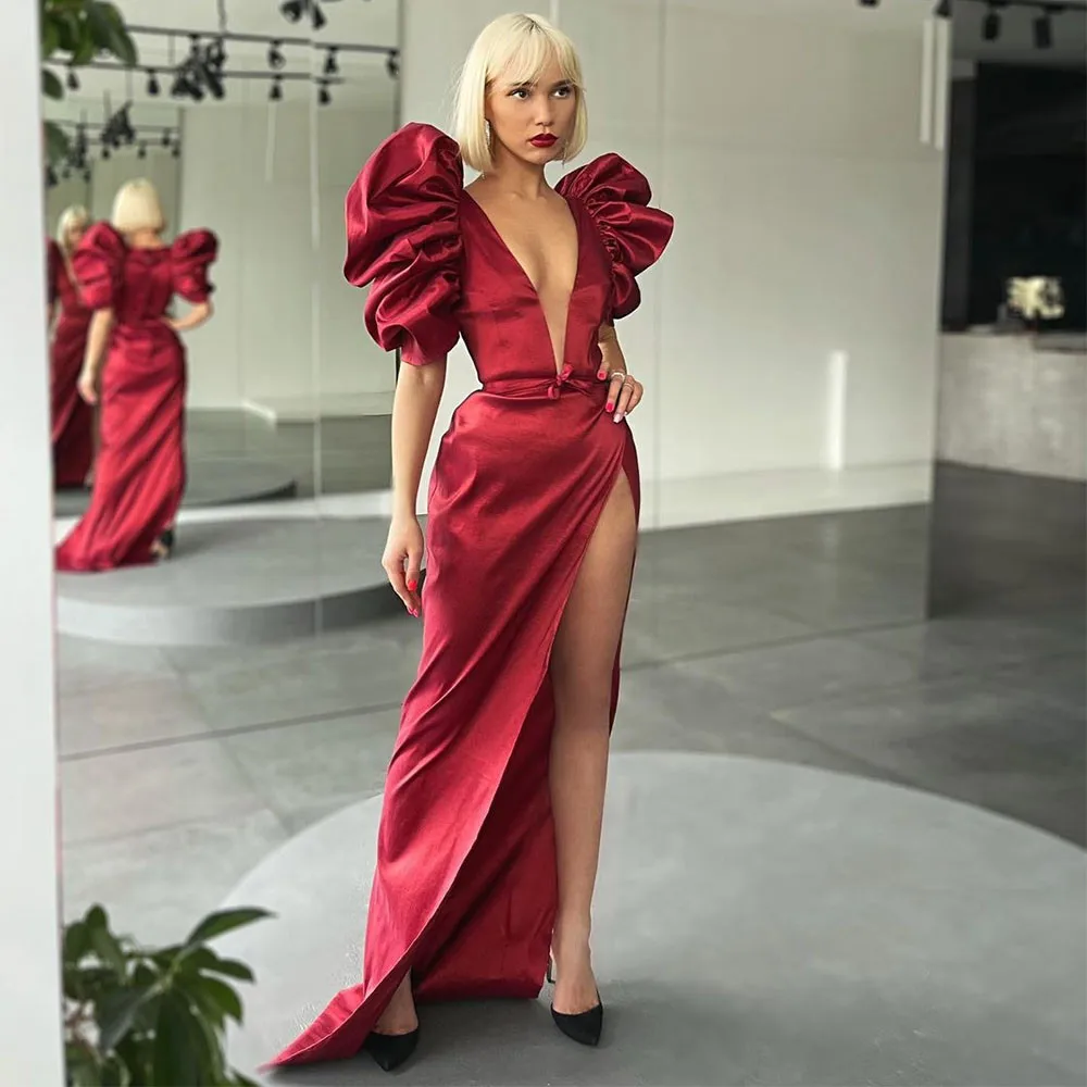 Robe de soirée en Satin rouge à manches bouffantes, col en v, froncée, fente latérale haute, tenue de bal de standing pour occasions spéciales