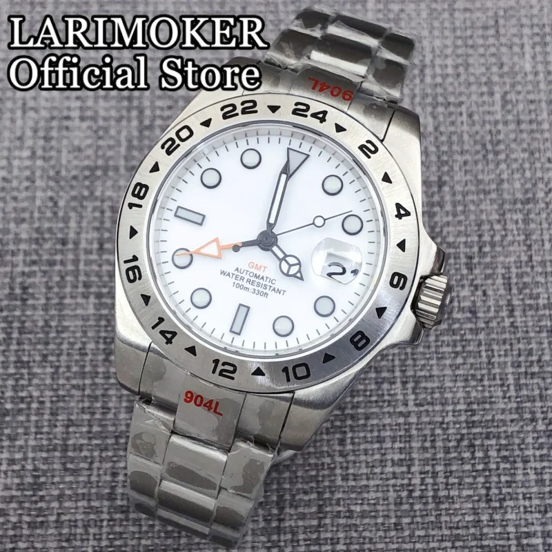LARIMOKER 40mm43mm Men's  GMT Mechanical Wristwatch 24 Hour Fixed Bezel Sapphire Glass Waterproof White Dial Orange GMT Luminous