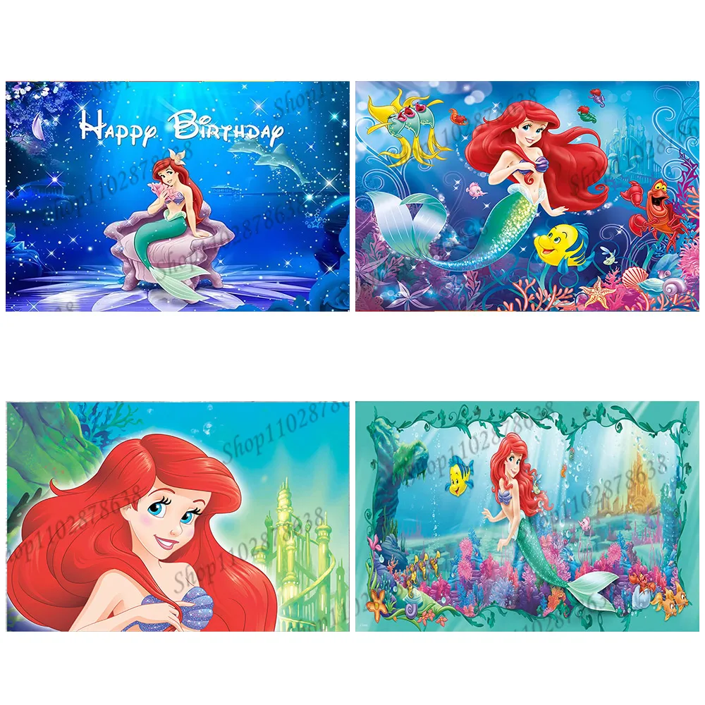 Little Mermaid Birthday Party Background Banner Girl Baby Shower Backdrop Photography Disney Ariel Princess Blue Seabed Props