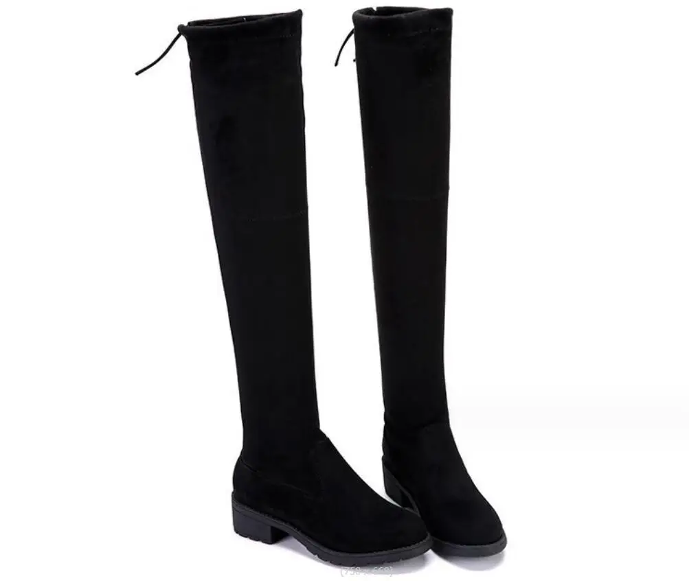 New Plush insulation high boots Black shoes winter Autumn stretch over knee long boots women lace-up velvet knight boots Large