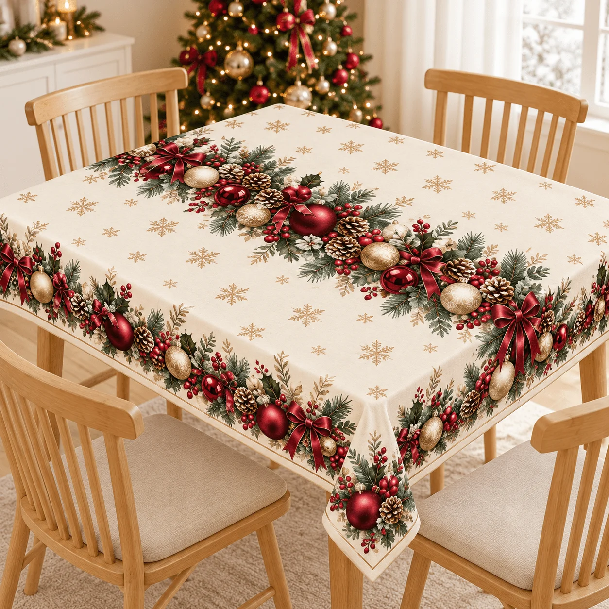 1 square tablecloth on a beige background with a burgundy bow, a red gold ornament ball, pine cones and a gold snowflake print