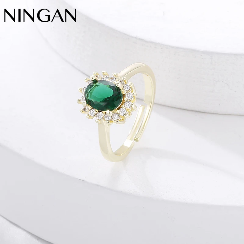 NINGAN Green Crystal Ring for Women Finger Accessories Wedding Engagement fashion rings Friendship Jewelry Valentine's Day Gift