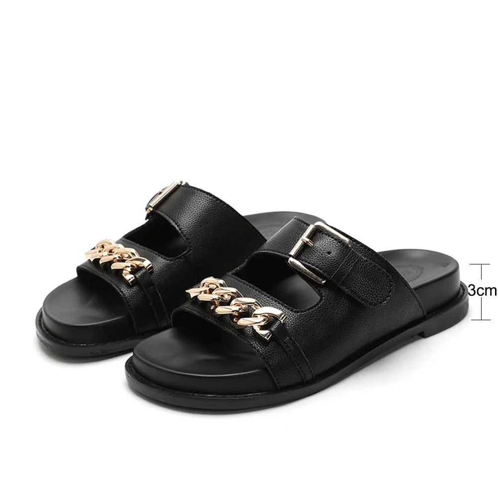 Beach Sandals Women 2024 Summer New Mental Chain Ladies Flat Casual Sandals 35-43 Large-Sized Female Buckle Comfy Slippers