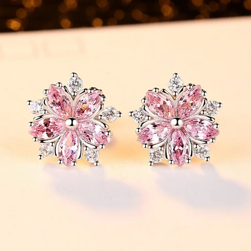 2PCS popular lotus root powder zircon earrings, fashionable and versatile Ear Studs, anti allergic high-end women's jewelry