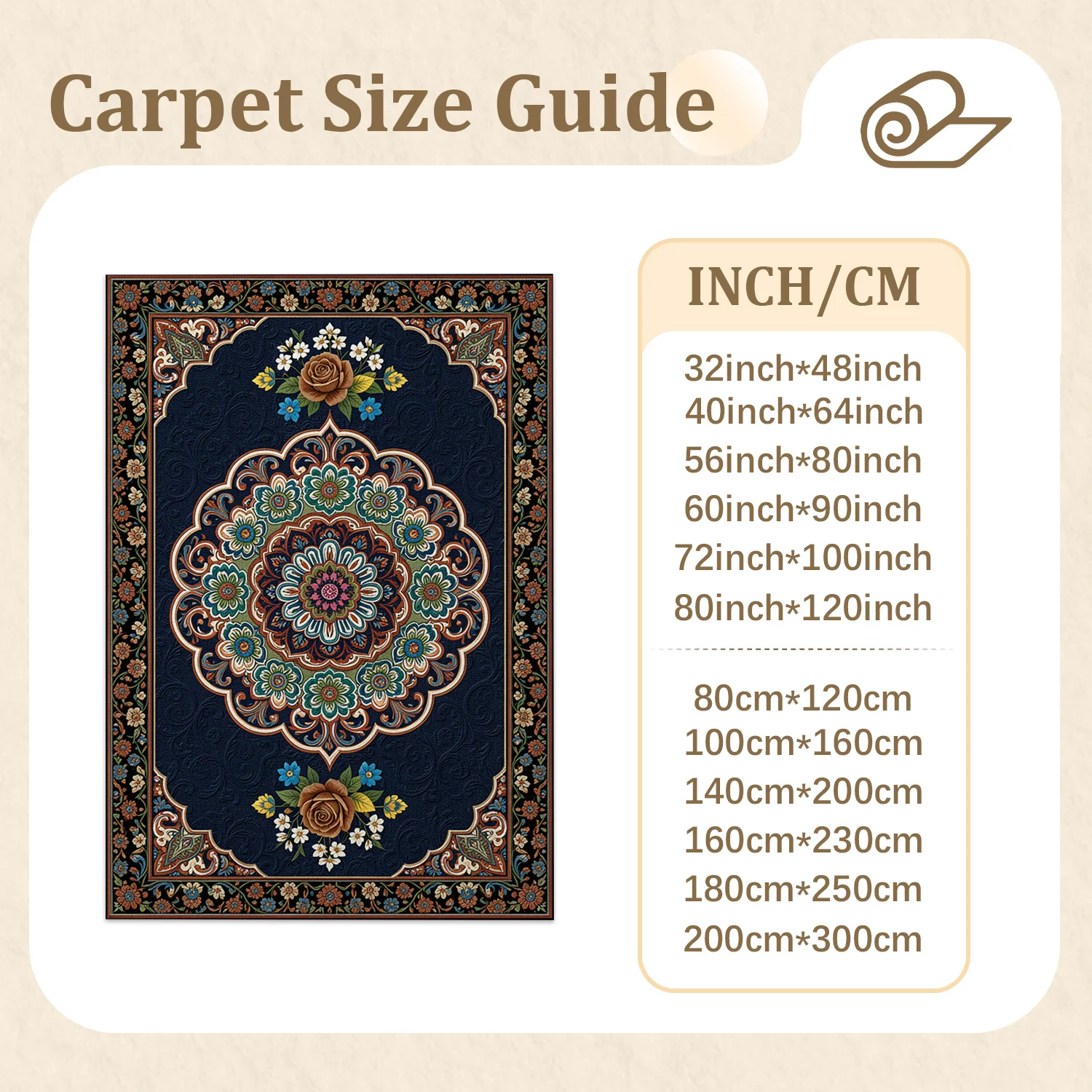 Vintage Floral Mandala Pattern Velvet Area Rug, Machine Washable Soft Floor Carpet for Living Room, Bedroom, Dining Area, Entryway, Ideal for Halloween, Thanksgiving, Christmas, New Year Home Decoration