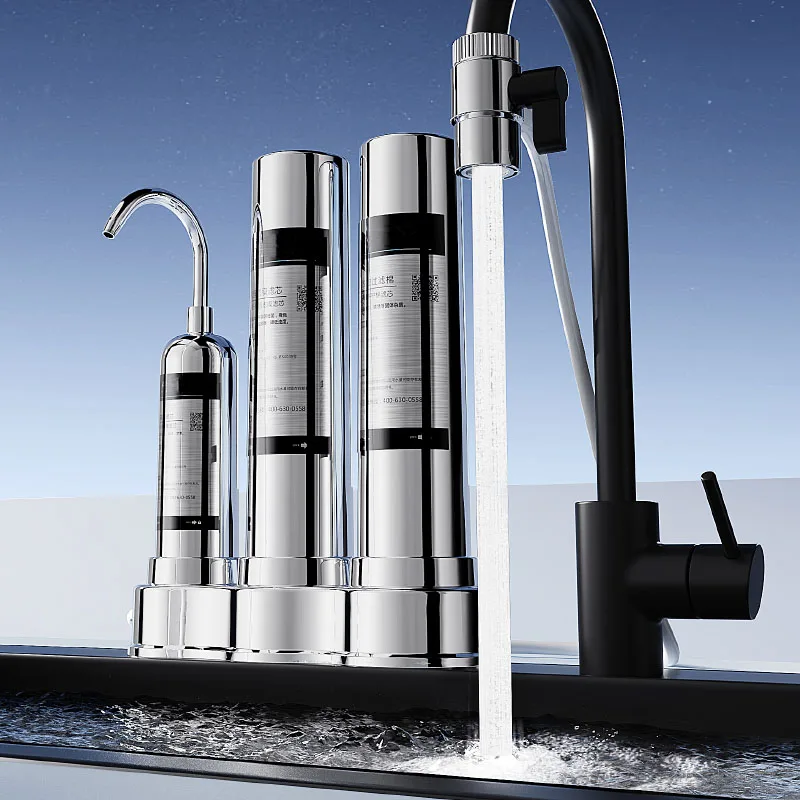 New Household Kitchen Faucet Water Purifier 304 Stainless Steel 3-Level Manual Countertop Filter Self-Cleaning Tankless