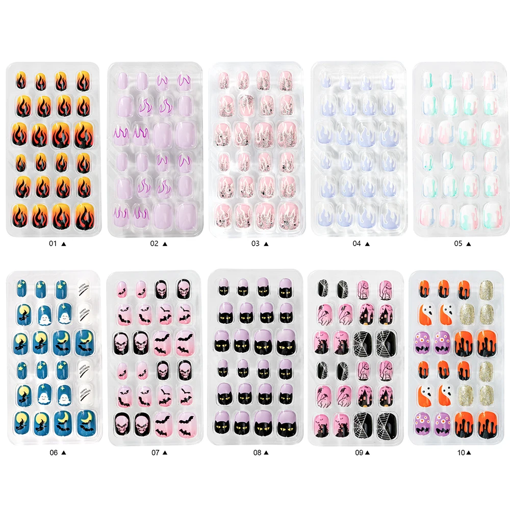 24 ชิ้น/เซ็ต Spider Web Punk ฝาครอบกาว Self Press On Fire เคล็ดลับเล็บปลอมสั้นเล็บปลอมตกแต่งเล็บเล็บ