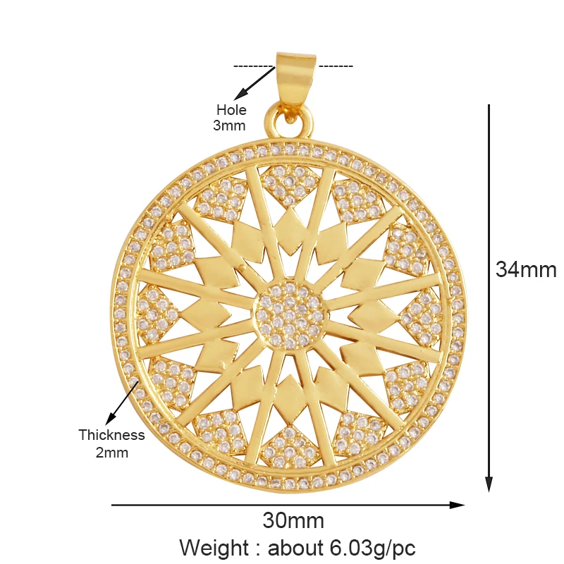 Kompass, glänzender Sonne, Mond, Stern, Muschel-Charm-Anhänger, 18 Karat vergoldetes Gold, eingelegter Zirkonia, Schmuck, Halskette, Armband, Zubehör S45 – Detail 12