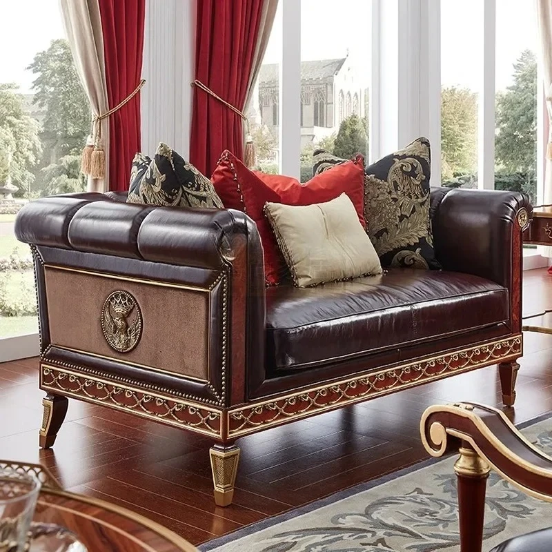 

British first-layer leather sofa British engraved mahogany core wood inlaid copper sofa furniture R