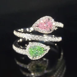 Huitan Pink/Green Waterdrop Cubic Zirconia Cross Rings for Women Colorful CZ Temperament Sweet Engagement Wedding Trendy Jewelry