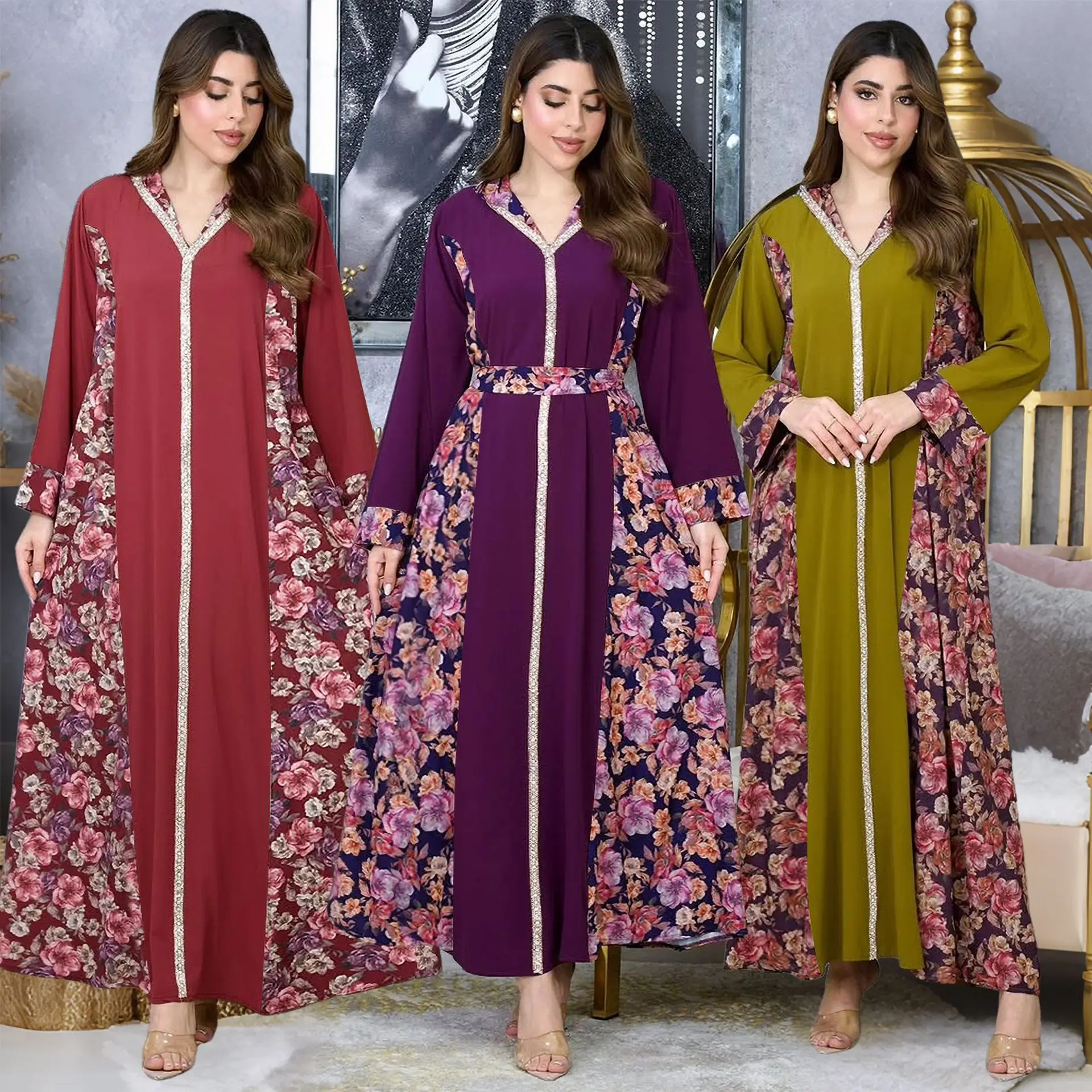 

Dress Women Printed Panel Belted Dresses Spring Summer Long Sleeve Loose Casual Maxi Evening Gown