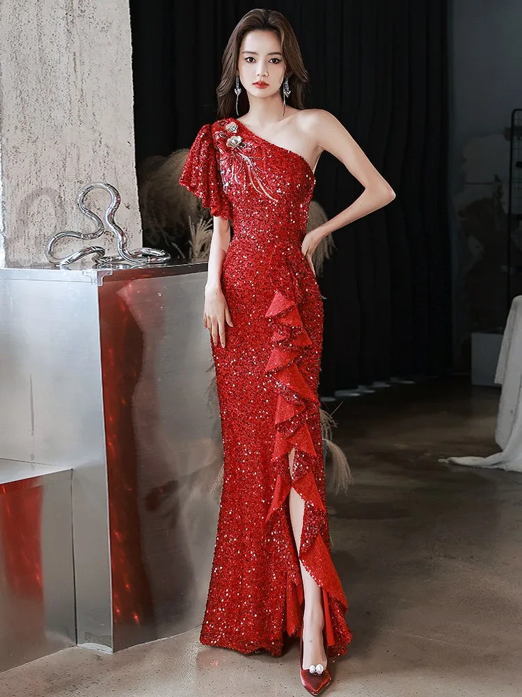 Red one-shoulder host heavy industry light luxury niche and sparkling dress for a cocktail party