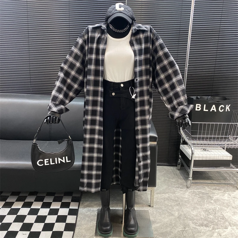 

2022 fashion Designer new style Famous brand Retro Plaid turndown collar Knee length shirt Autumn thin Versatile Sunscreen shirt