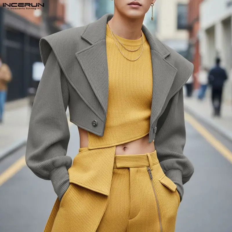 INCERUN Men Blazer Solid Color Lapel Long Sleeve One Button Crop Blazer Men Streetwear Personality Fashion Casual Male Suit 2025